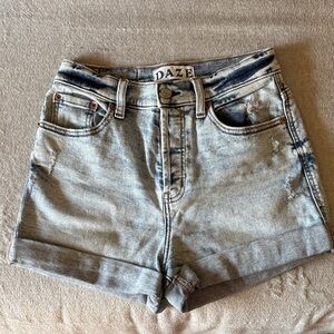 DAZE High-Rise Light Blue Distressed Denim Shorts